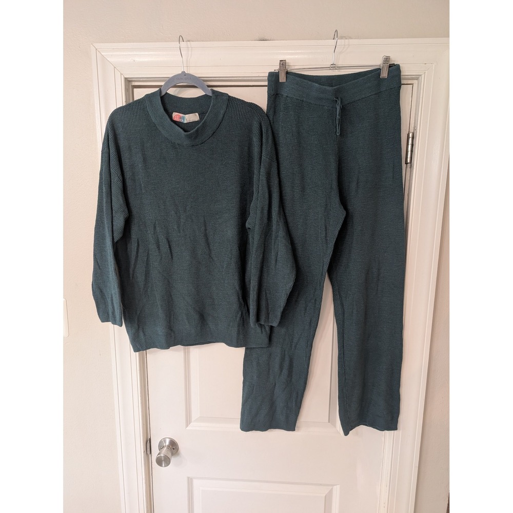 Free People Beach Womens Teal Green Knit Mock Neck Sweater and Pants Set Size M